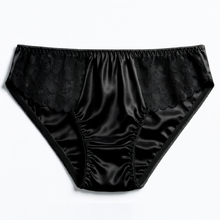Load image into Gallery viewer, Black silk panties for women, soft and comfortable 100% silk underwear, gentle on skin, eczema-friendly, hypoallergenic, breathable, moisture-wicking, temperature-regulating, suitable for daily wear or bedtime lounge.