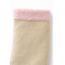 Load image into Gallery viewer, Close-up detail of the inside of fluffy bed socks, highlighting the smooth 100% pure silk lining for breathable, skin-friendly comfort.