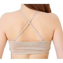 Load image into Gallery viewer, Back view of a model wearing a nude silk jersey wirefree padded crop bra with a smooth, minimalist fit