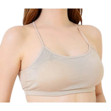 Load image into Gallery viewer, Front view of a model wearing a nude silk jersey wirefree padded crop bra with a smooth, minimalist fit