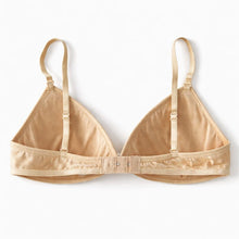 Load image into Gallery viewer, Back view of nude wireless triangle bra made from 100% silk jersey with light padding and smooth T-shirt finish