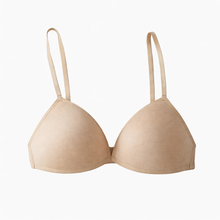 Load image into Gallery viewer, Front view of nude wireless triangle bra made from 100% silk jersey with light padding and smooth T-shirt finish