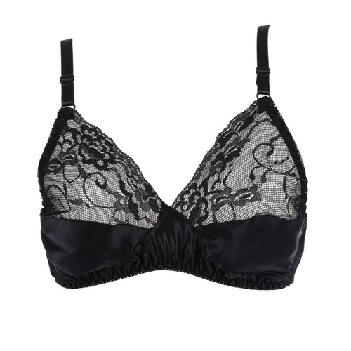 100% Mulberry Silk Women's Non-padded Bralette Bra-SPOIL ME Black Lace Silk Bra