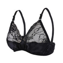 Load image into Gallery viewer, 100% Mulberry Silk Women&#39;s Non-padded Bralette Bra-SPOIL ME Black Lace Silk Bra
