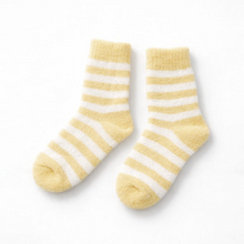 Load image into Gallery viewer, Yellow and white striped fluffy bed socks with a soft plush outer layer and 100% pure silk lining inside, designed for warm and cosy indoor wear.
