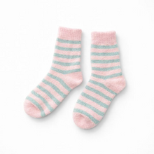 Load image into Gallery viewer, Pink and grey striped fluffy bed socks featuring a plush outer texture and 100% pure silk lining inside for gentle, skin-friendly comfort at home.

